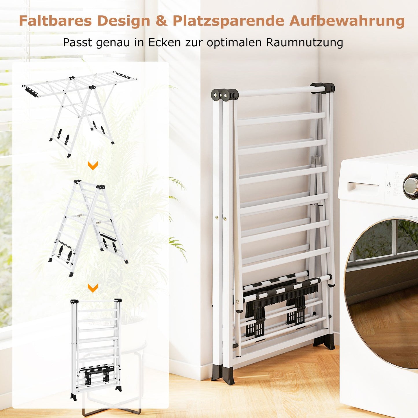 Tendedero plegable, con Alas Ajustables, Tendedero de ropa, 163 x 56 x 99–158 cm, Blanco, Costway, 3