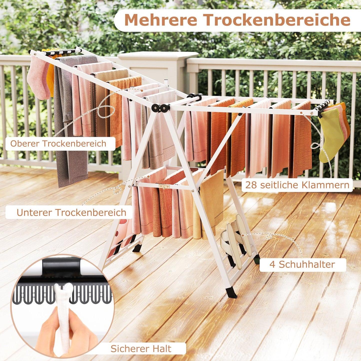 Tendedero plegable, con Alas Ajustables, Tendedero de ropa, 163 x 56 x 99–158 cm, Blanco, Costway, 6