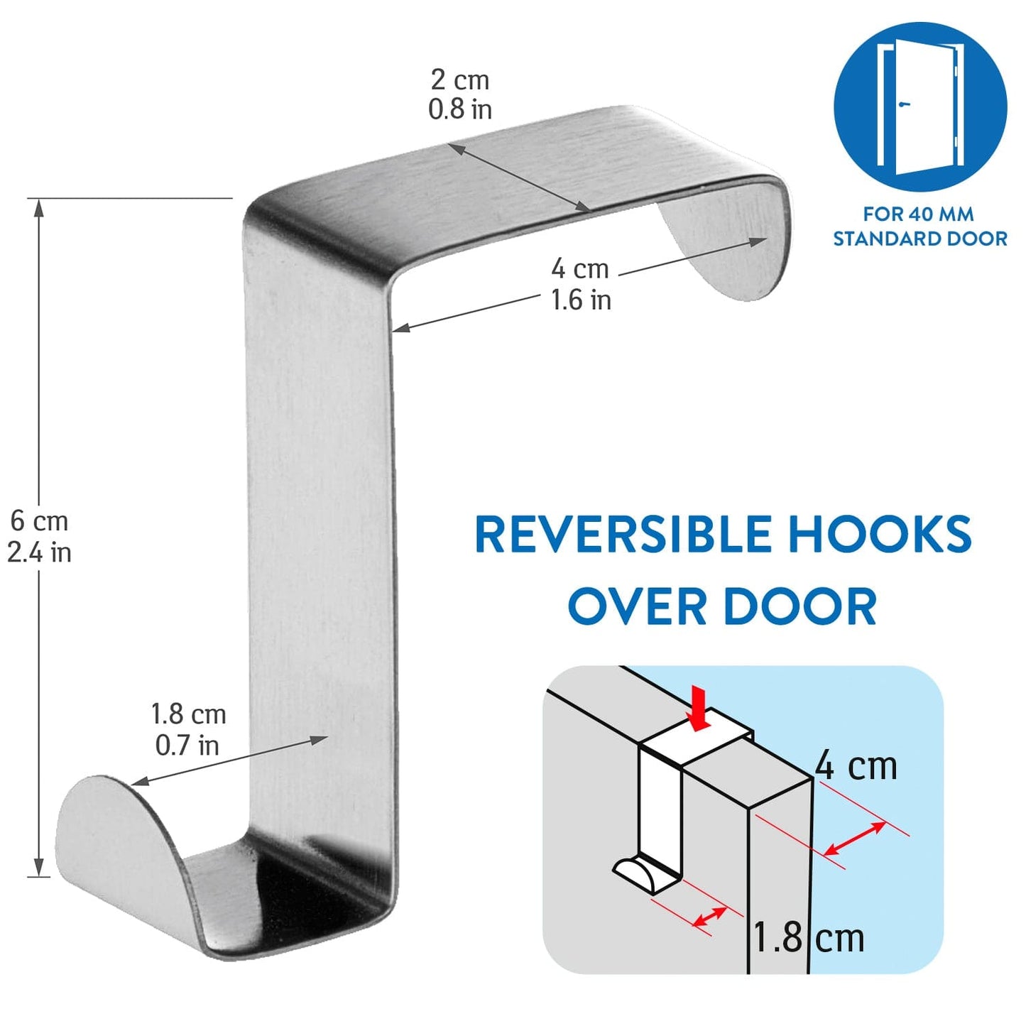 Tatkraft Seger Ganchos para Puertas de Armario o de Habitación (Set de 6), Hasta 5 kg, Acero Inoxidable