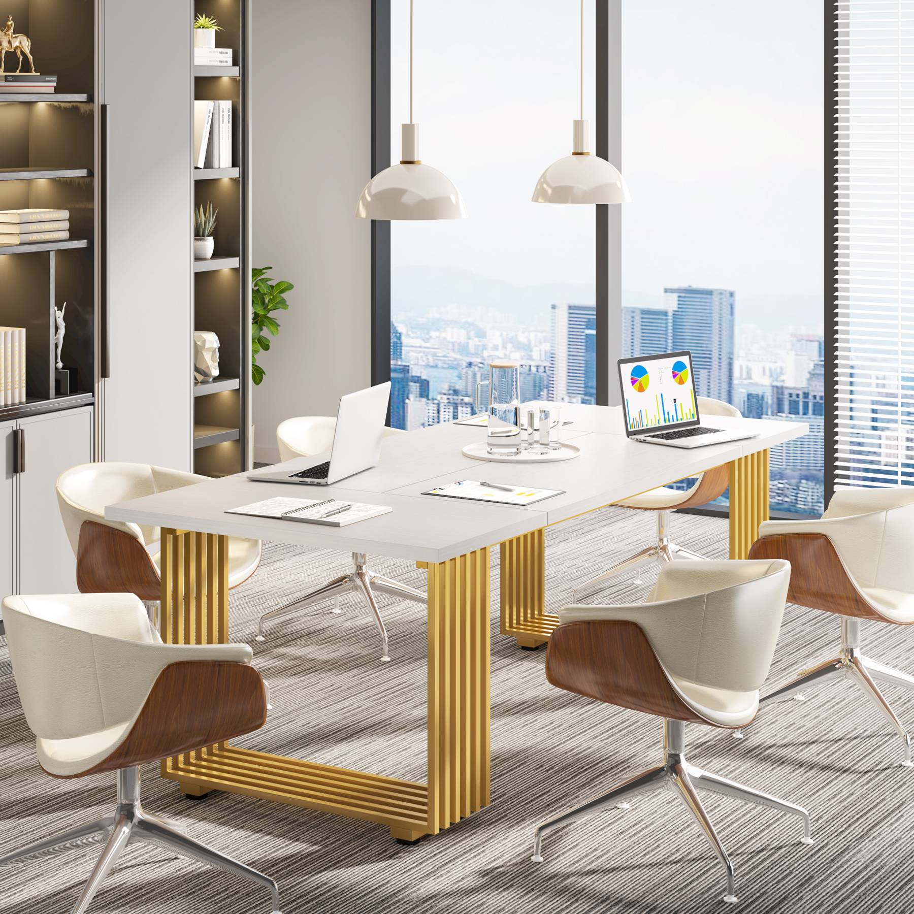 Escritorio, 180x79x78cm, Mesa Ordenador, con patas doradas, Mesa Oficina, Blanco y dorado, Tribesigns, 4