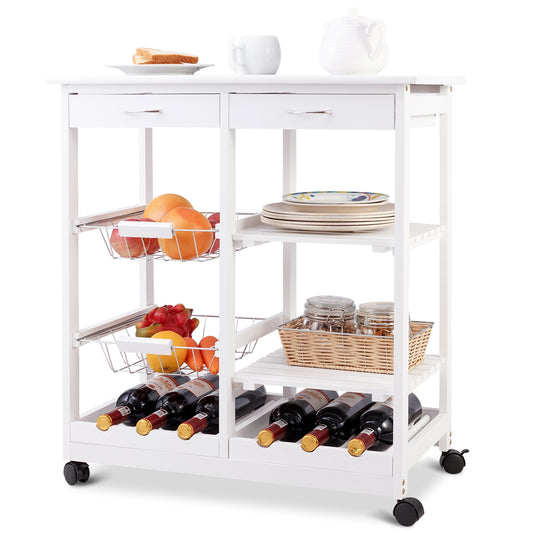 Carrito cocina, Carro cocina, con Ruedas Estante para Vinos, Carrito de Comedor, Madera de pino, Metal, Blanco, Costway, 1