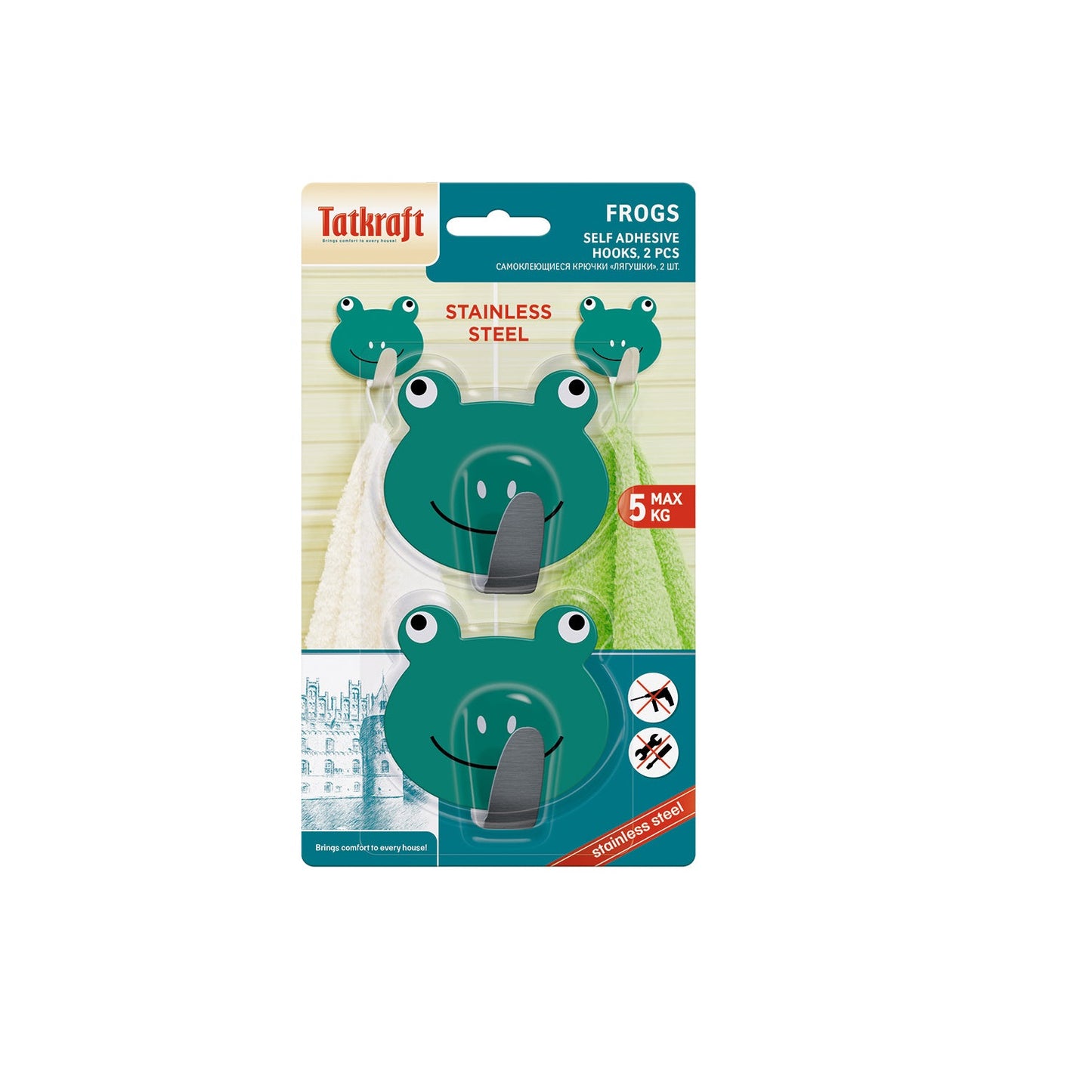 Tatkraft Frogs Gancho Toallero Adhesivo para Cocina y Baño, Colgador Infantil de Pared, 2 Unidades
