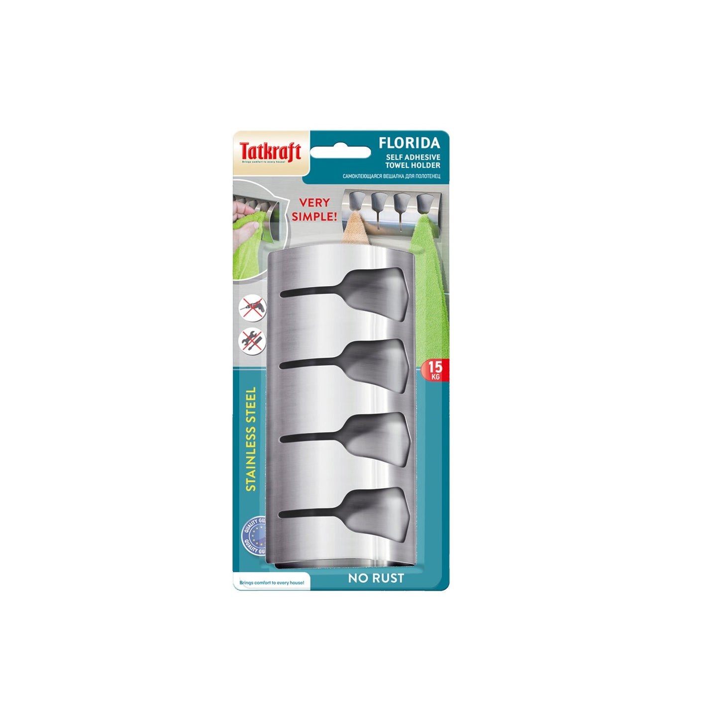 Tatkraft Florida Toallero Autoadhesivo para Baño y Cocina para 4 Toallas, Acero Inoxidable