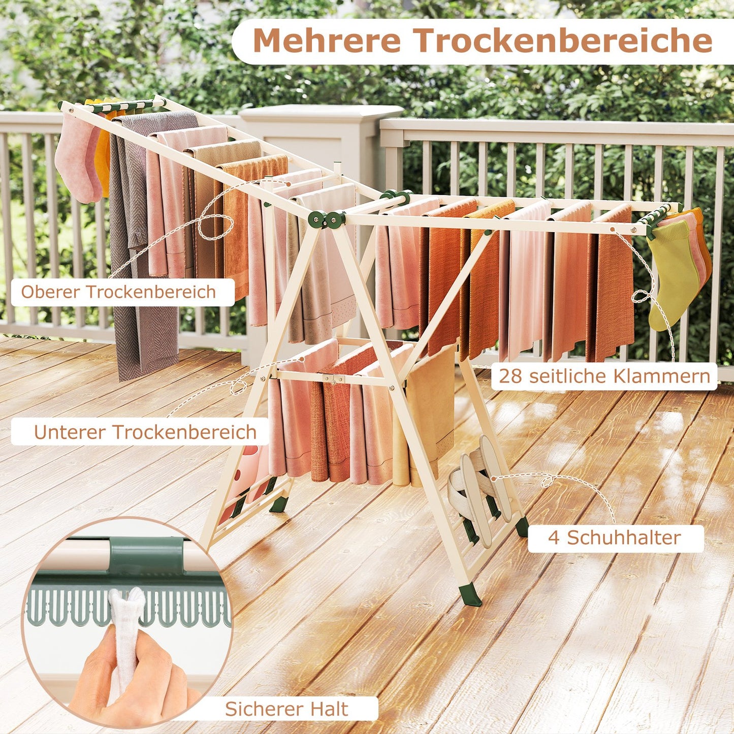 Tendedero plegable, con Alas Ajustables, Tendedero de ropa, 163 x 56 x 99–158 cm, Beige, Costway, 5