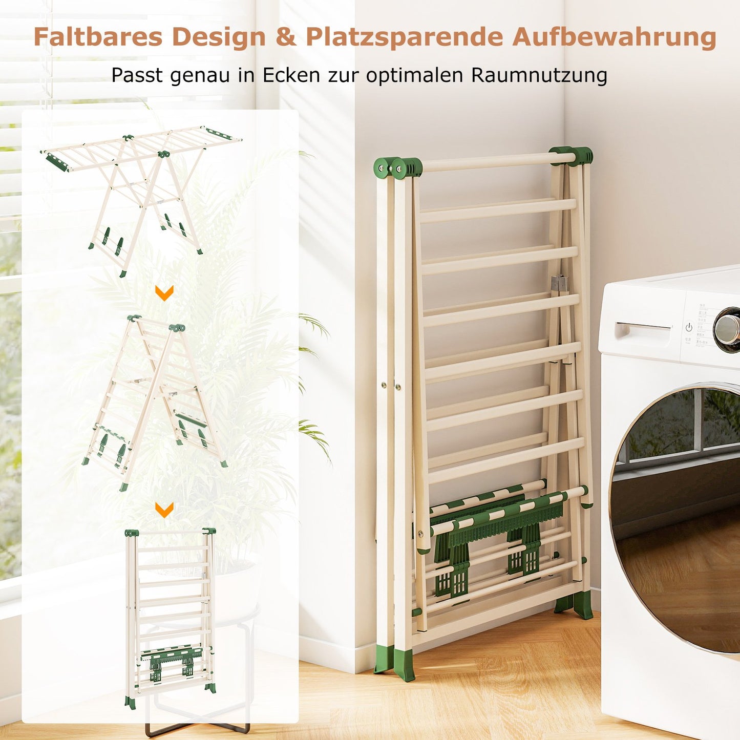 Tendedero plegable, con Alas Ajustables, Tendedero de ropa, 163 x 56 x 99–158 cm, Beige, Costway, 3