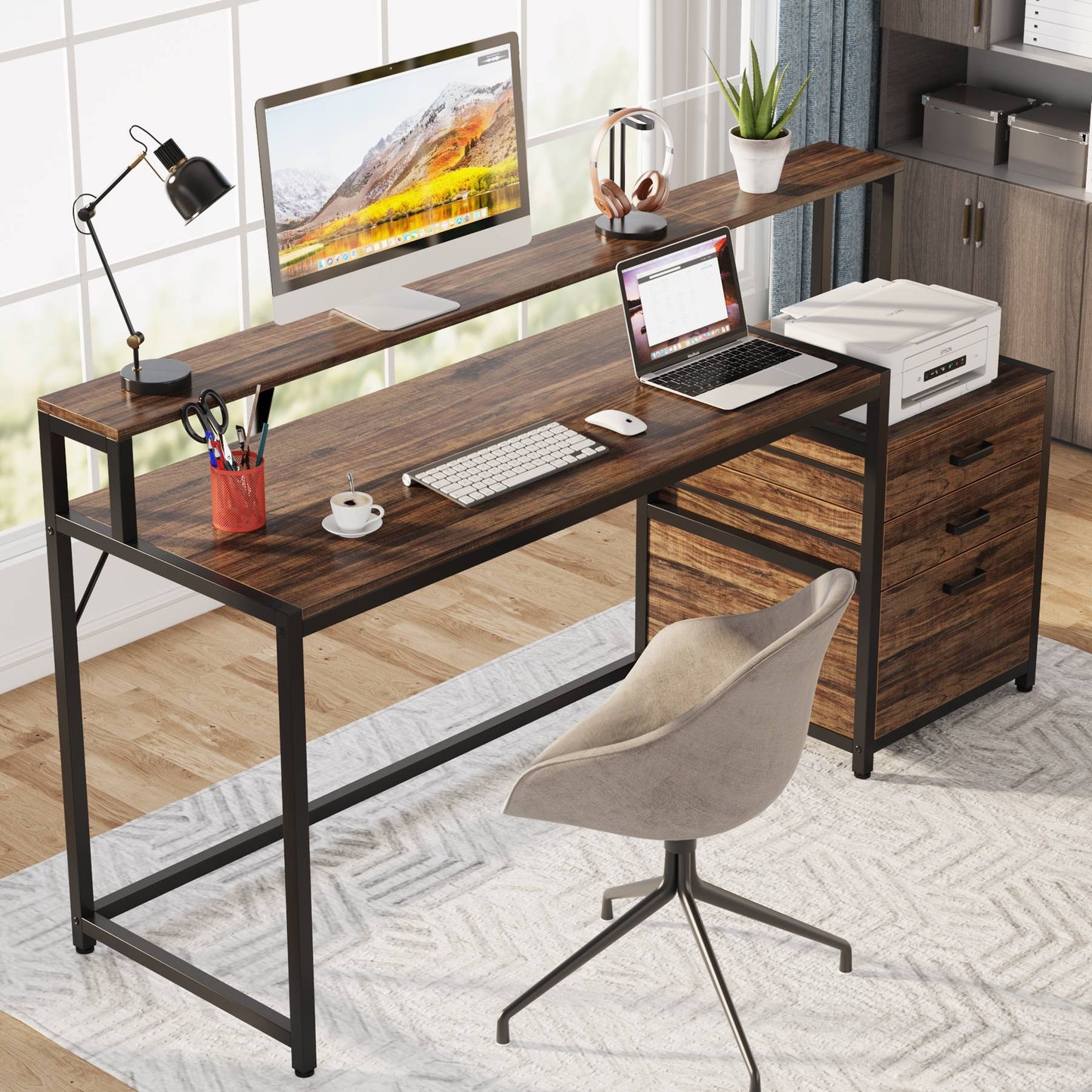 Escritorio con cajones, Mesa ordenador, 160x50x90cm, Mesa Oficina, Tribesigns, 3