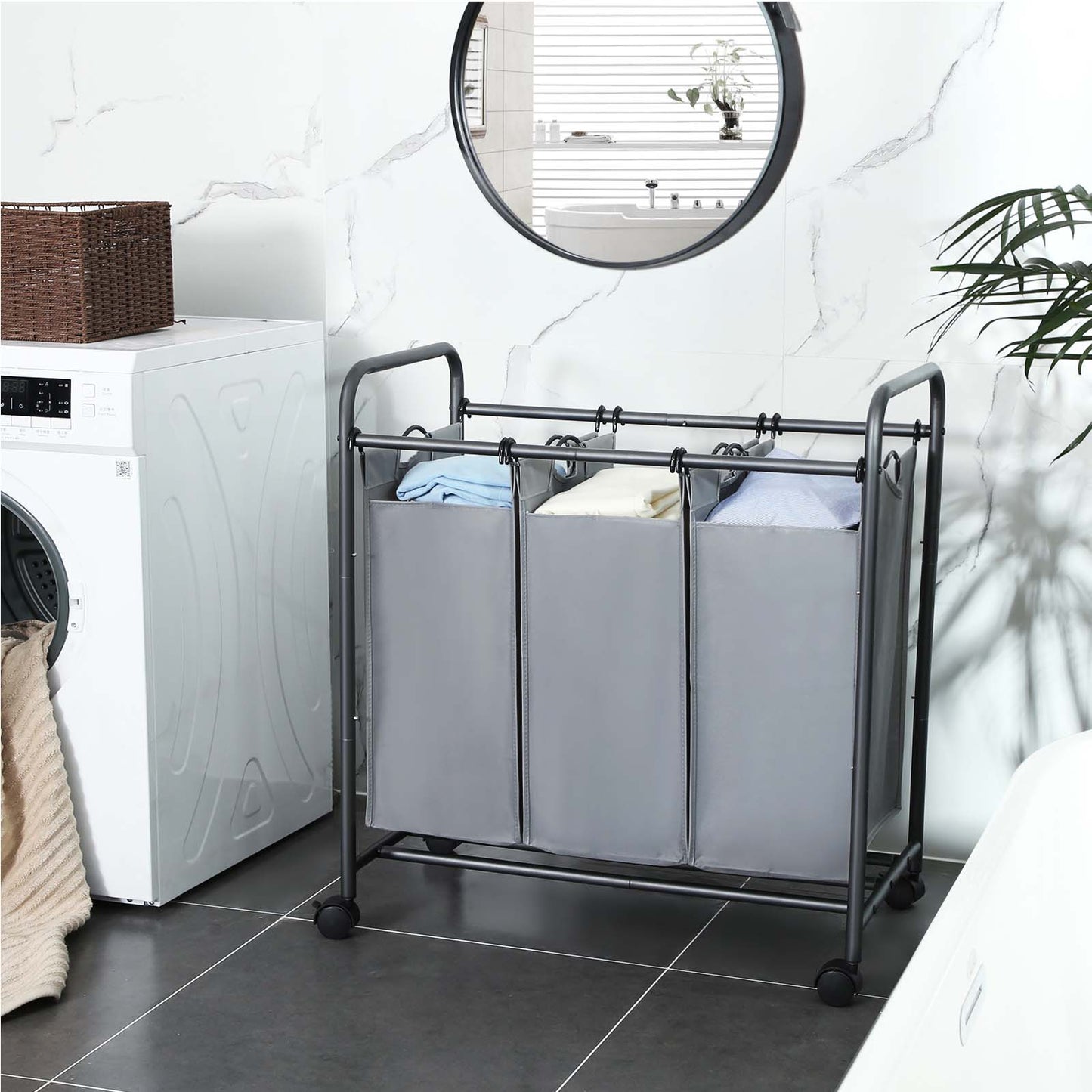 Cesto para Ropa Sucia, 132 L, con 3 Compartimientos, Mueble Ropa Sucia, con Ruedas, Bolsa de Colada Extraíble, Gris, SONGMICS, 4