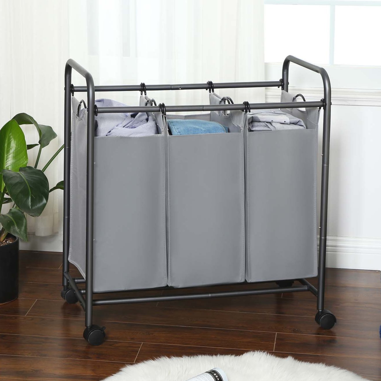 Cesto para Ropa Sucia, 132 L, con 3 Compartimientos, Mueble Ropa Sucia, con Ruedas, Bolsa de Colada Extraíble, Gris, SONGMICS, 1
