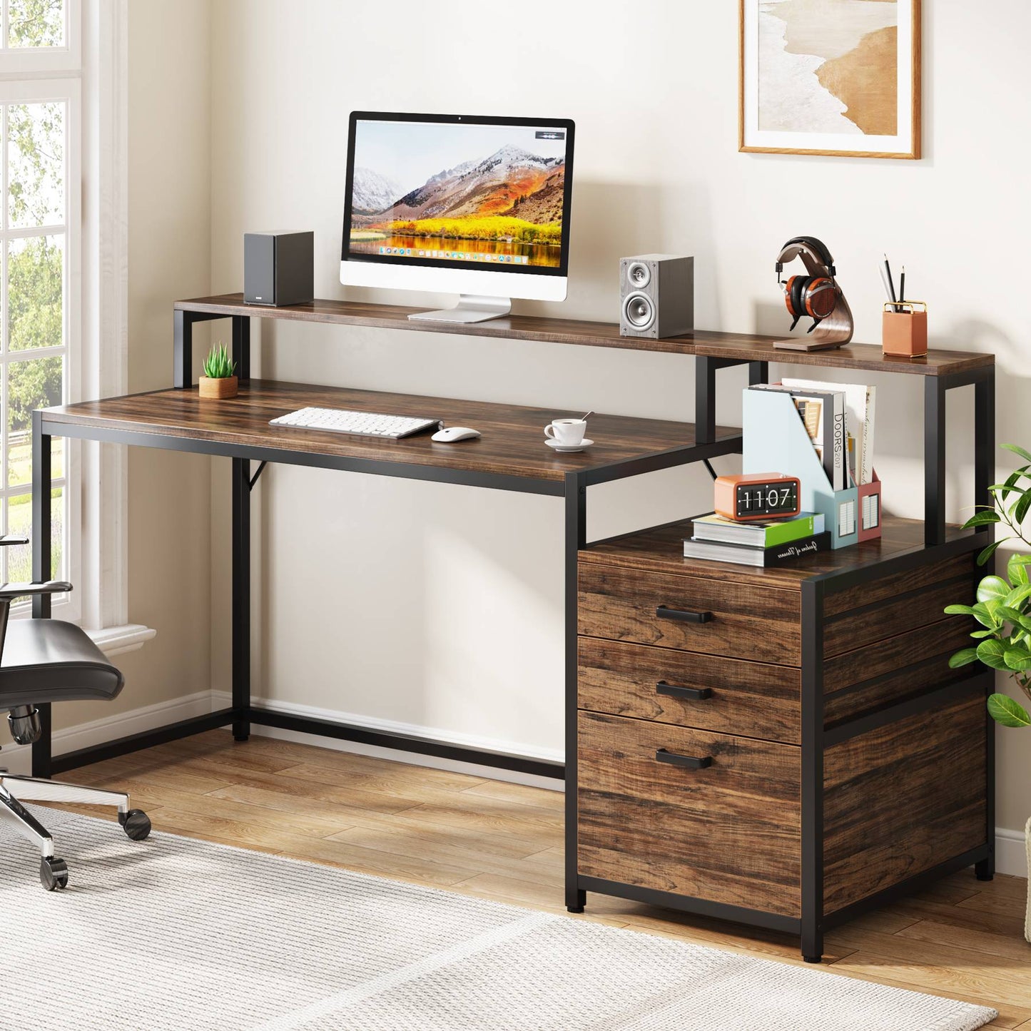 Escritorio con cajones, Mesa ordenador, 160x50x90cm, Mesa Oficina, Tribesigns, 8