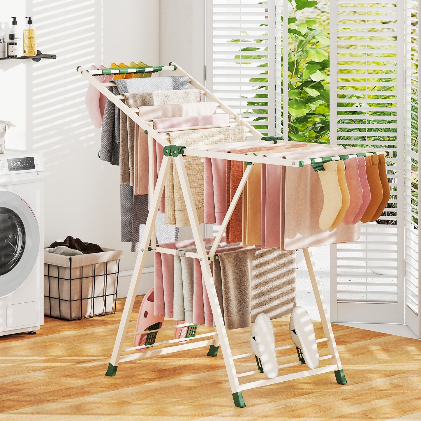 Tendedero Plegable, con Alas Ajustables, Tendedero de Ropa, Tendedero Exterior, para Balcon, Beige, Costway, 10