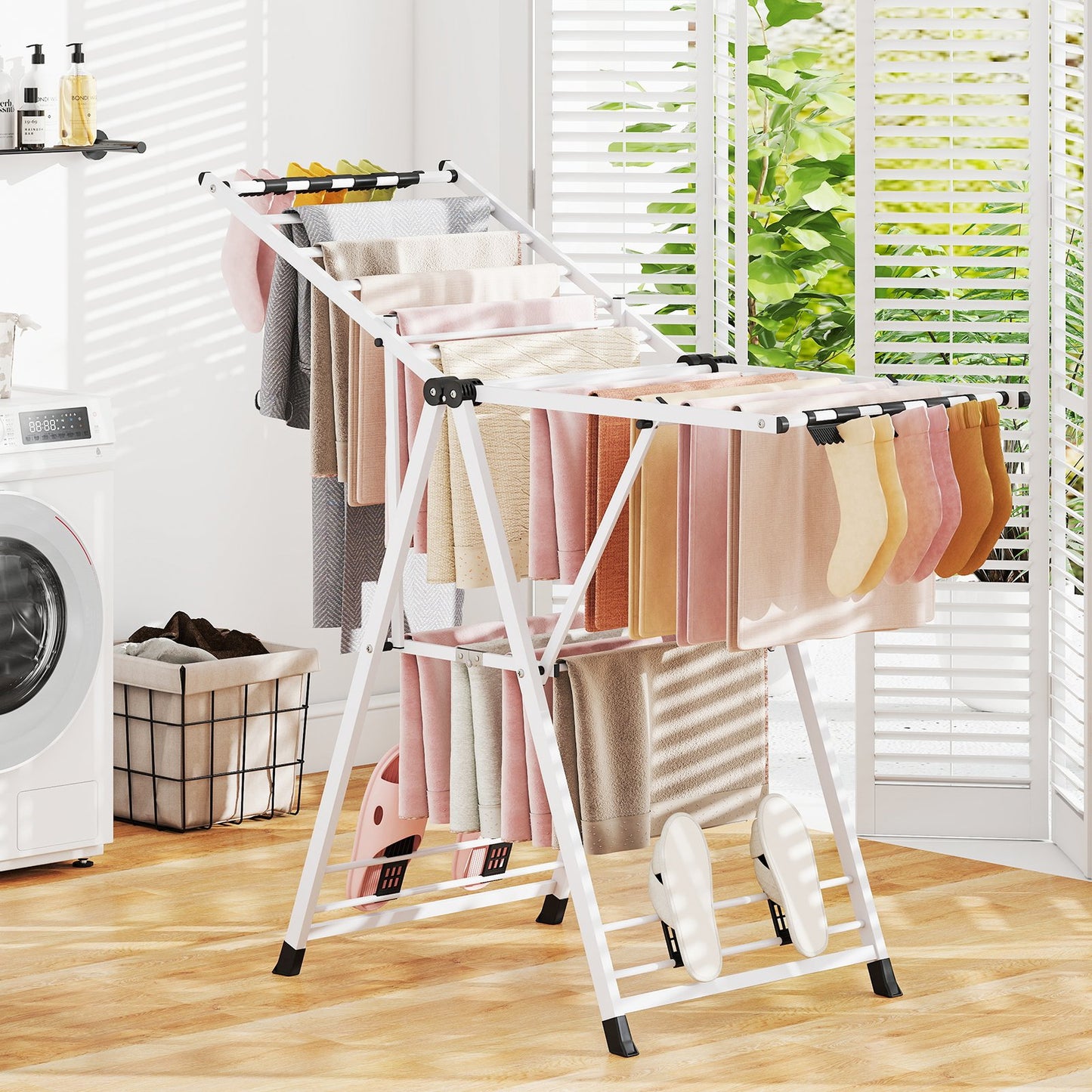 Tendedero Plegable, con Alas Ajustables, Tendedero de Ropa, Tendedero Exterior, para Balcon, Blanco, Costway, 9