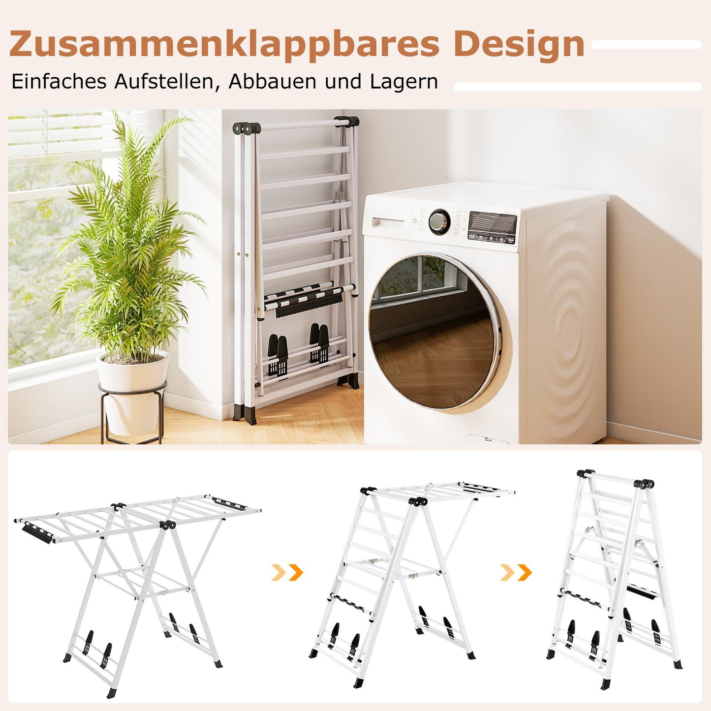 Tendedero Plegable, con Alas Ajustables, Tendedero de Ropa, Tendedero Exterior, para Balcon, Blanco, Costway, 3