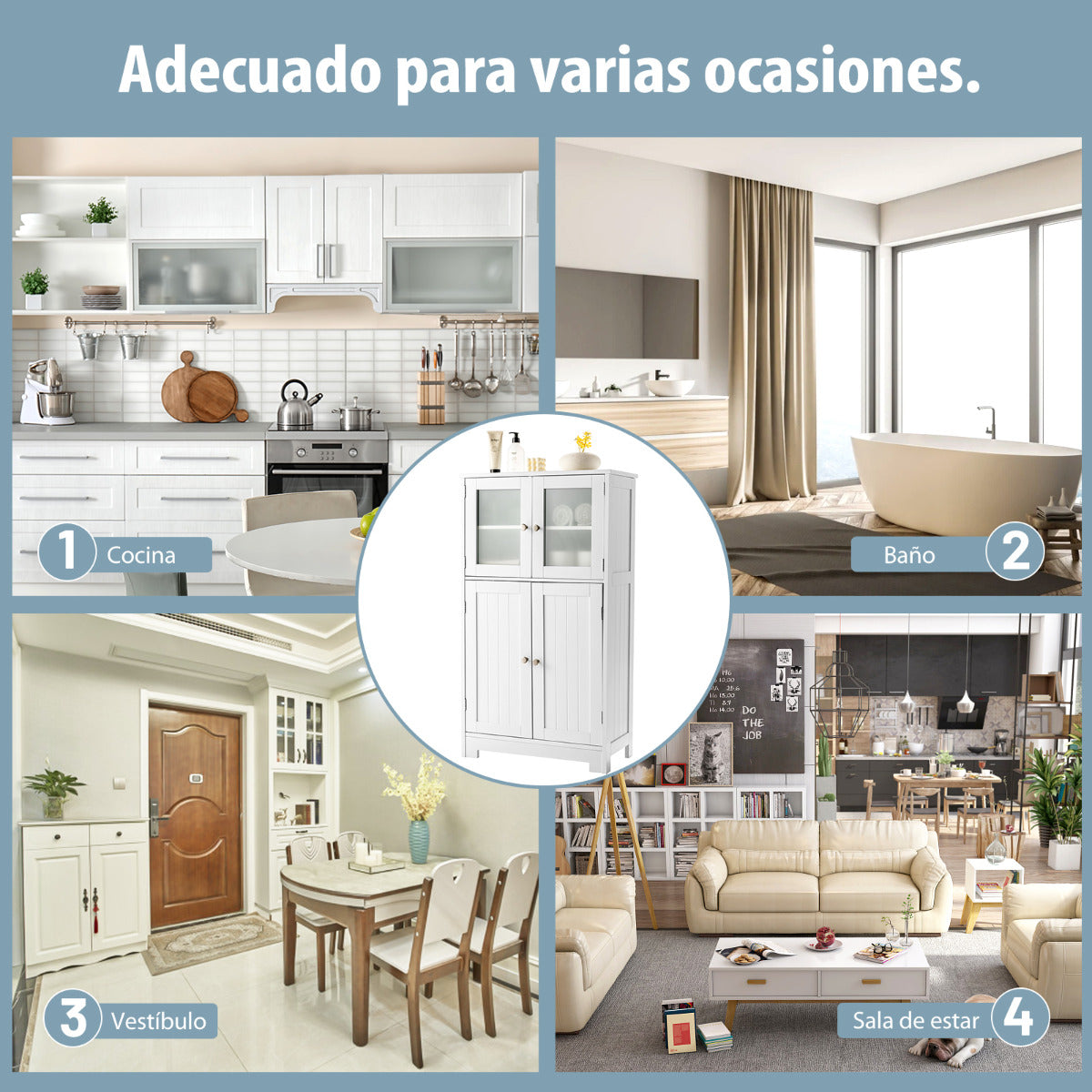 Armario baño, Mueble auxiliar baño, Antivuelco con 4 Puertas de Vidrio Repisas Regulables, Blanco, Costway, 8