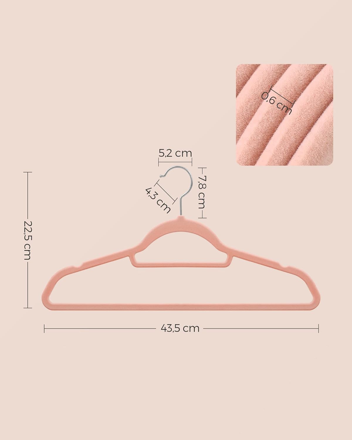 Percha, Juego de 50, Perchas Terciopelo, 43,5 cm, Percha para Pantalones, con Barra Corbata, Rosa Claro y Plata, Songmics, 3