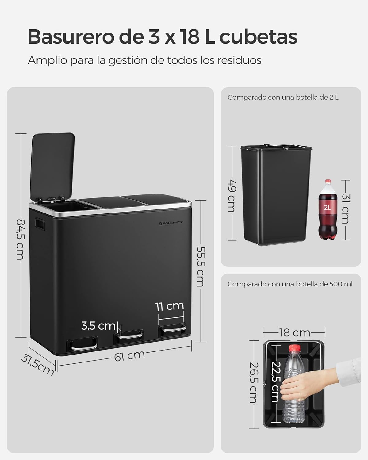 Songmics Cubo de Basura de Cocina con Sistema de Separación (3 x 18 L)