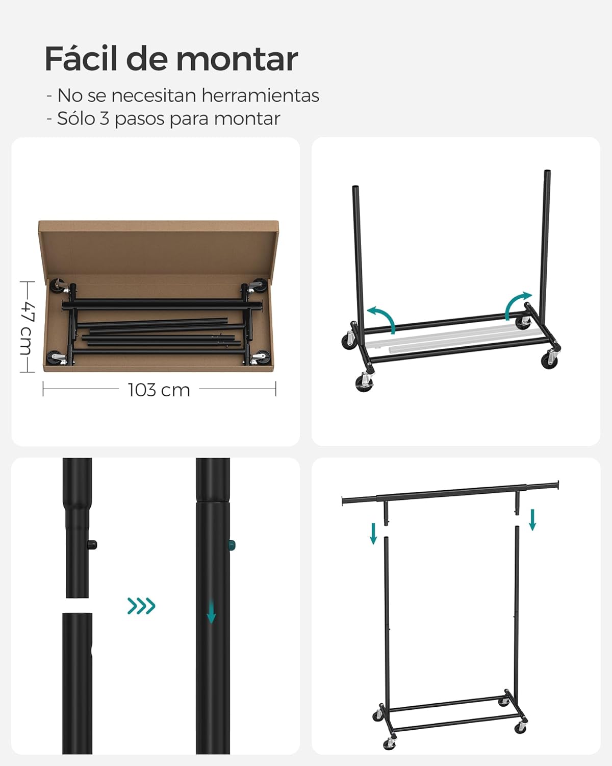 Songmics Perchero Móvil y Extensible, Capacidad de Carga de 90 kg, Montaje Sencillo