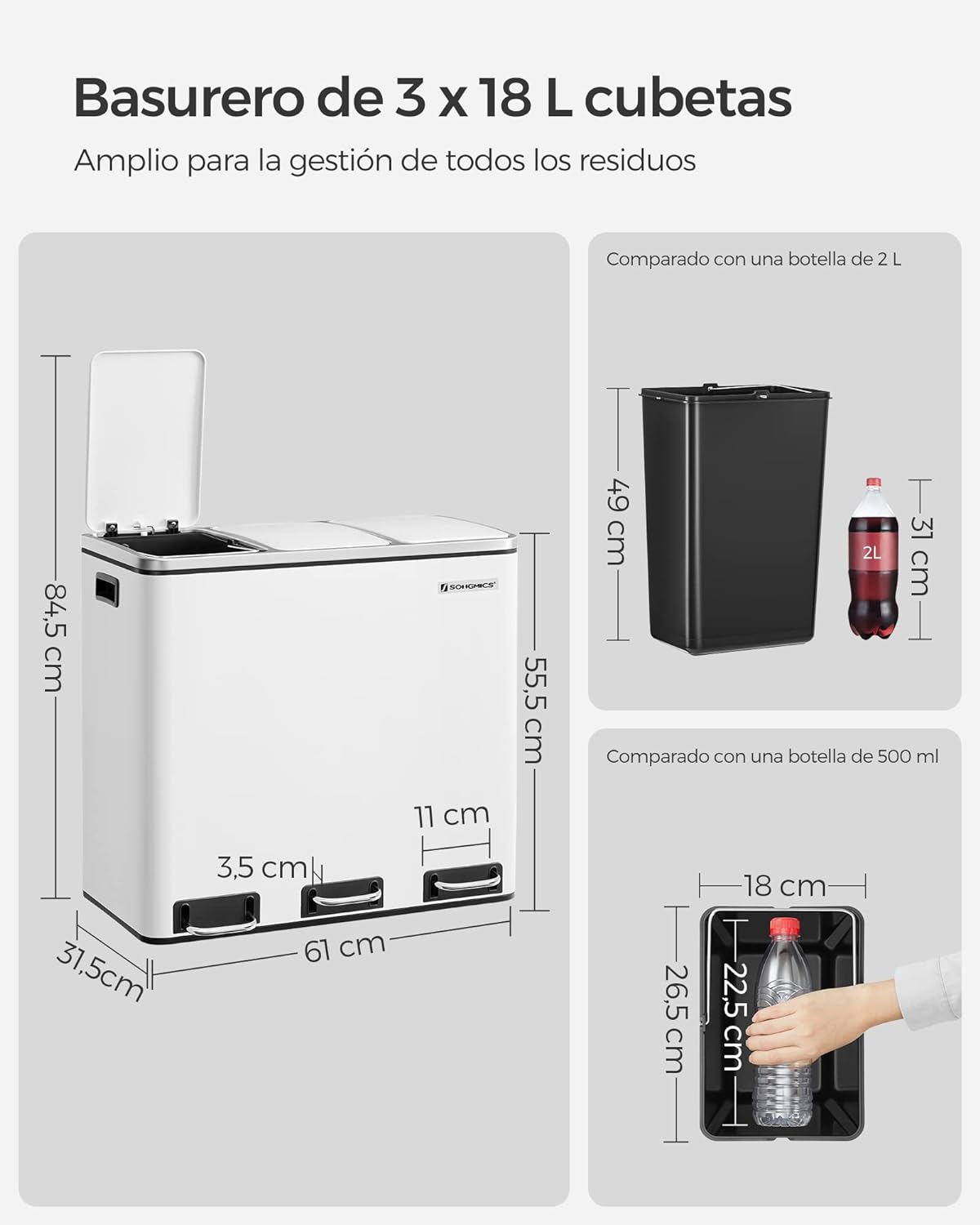 Songmics Cubo de Basura para Reciclaje, 3 x 18L