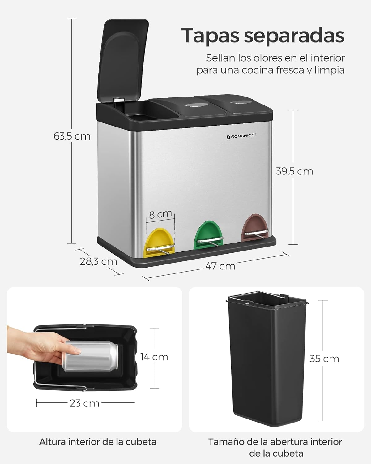 Songmics Cubo de Basura de Acero Inoxidable con Tres Compartimentos y Pedal