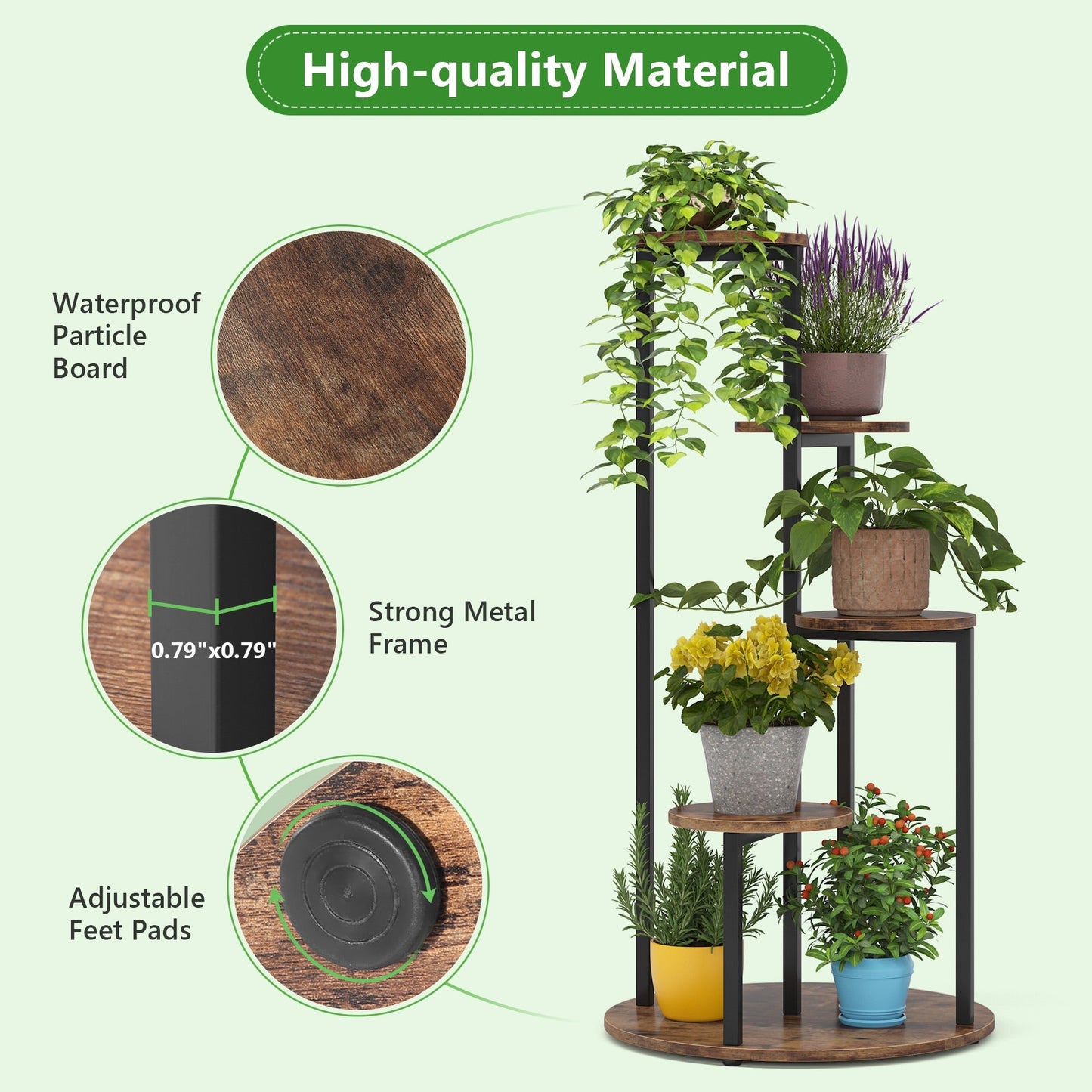 Soporte para Plantas, 5 niveles, Estanteria para plantas, 50x50x104cm, Soporte Macetas, Marrón Negro, Tribesigns, 4