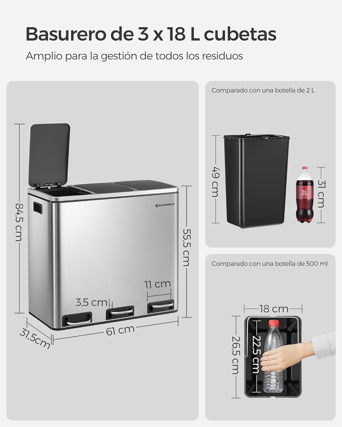 Songmics Basurero con 3 Cubetas, 3 x 18L