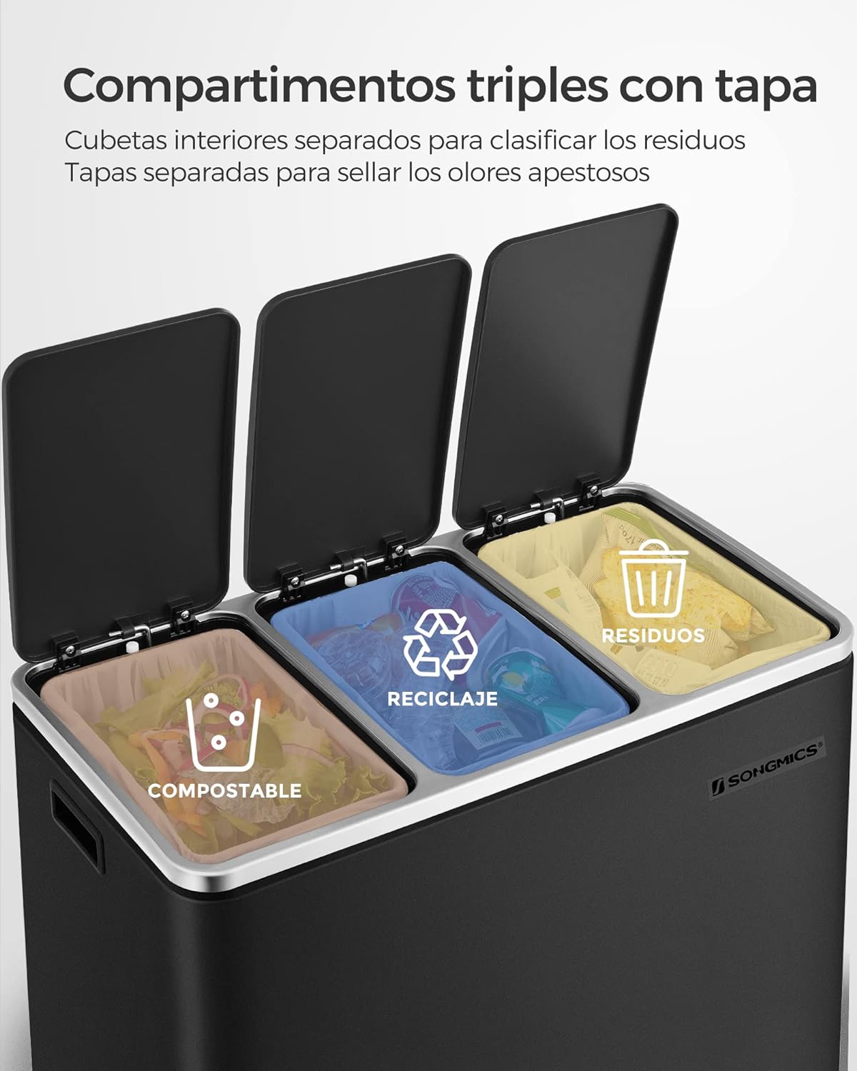 Songmics Cubo de Basura de Cocina con Sistema de Separación (3 x 18 L)
