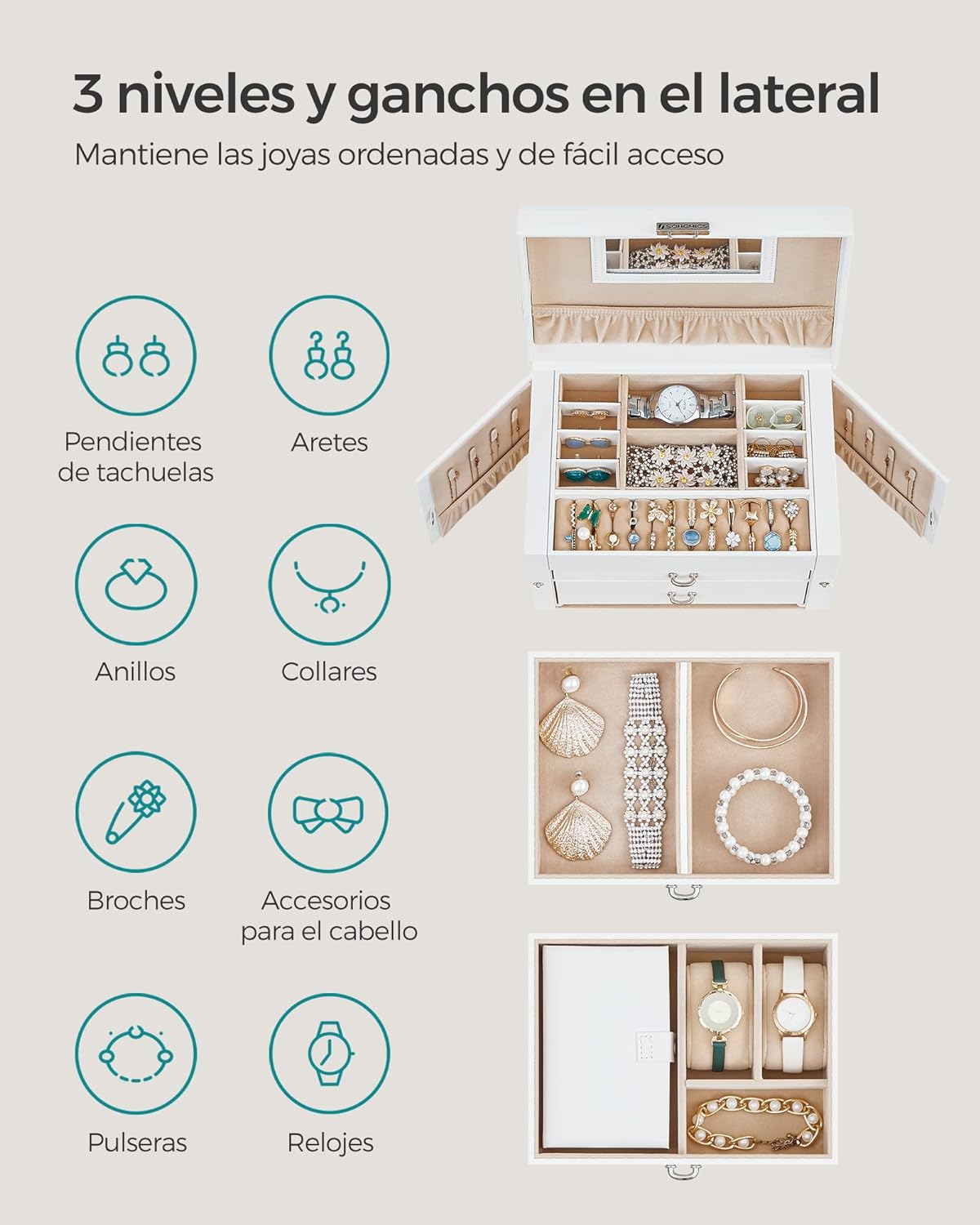 Songmics Caja Joyero con Espejo y Cajones: Almacenamiento para Joyas