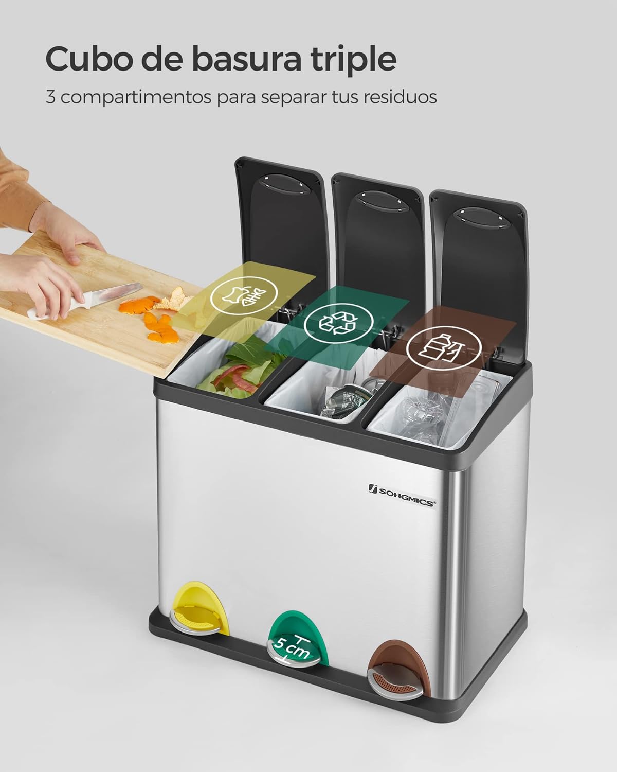 Songmics Cubo de Basura de Acero Inoxidable con Tres Compartimentos y Pedal