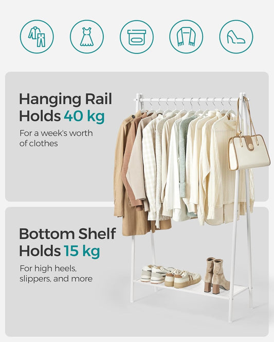 Burros para Ropa, 92,5x33,5x153 cm, Perchero Burro, Estructura de Acero, con Barra Colgante y Estante, Blanco, Songmics, 4