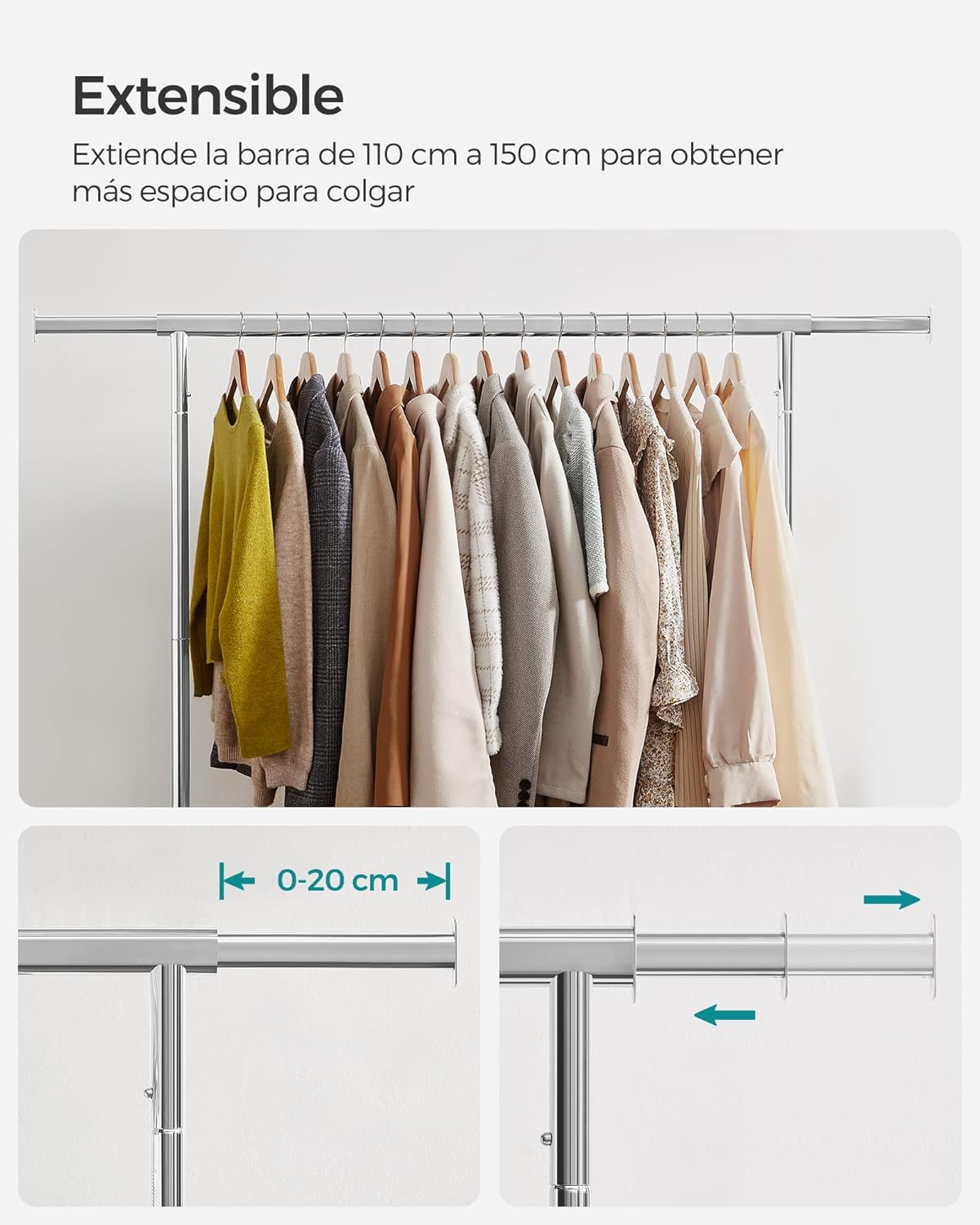Burro Ropa, Burro Ropa Resistente, Perchero Móvil con Capacidad de 130 kg, Ajustable, Acero Cromado, Songmics, 6