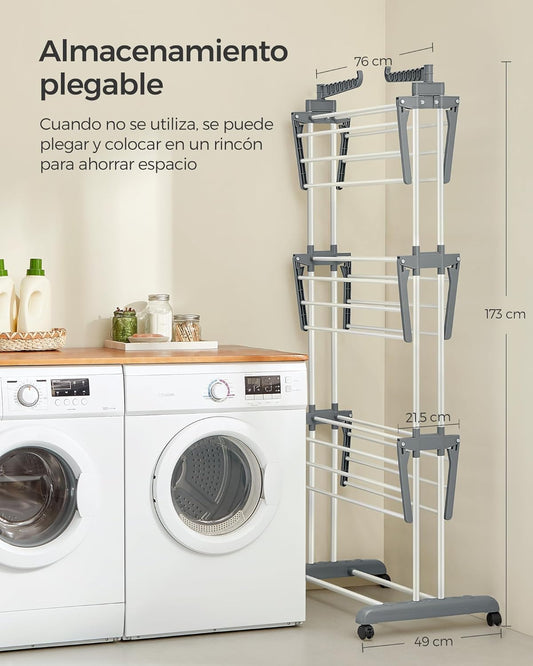 Tendedero Plegable, 4 Niveles, 128x63,5x173 cm, Tendedero Vertical, con Ruedas, Alas Plegables, Tendedero Portatil, Blanco, Songmics, 6