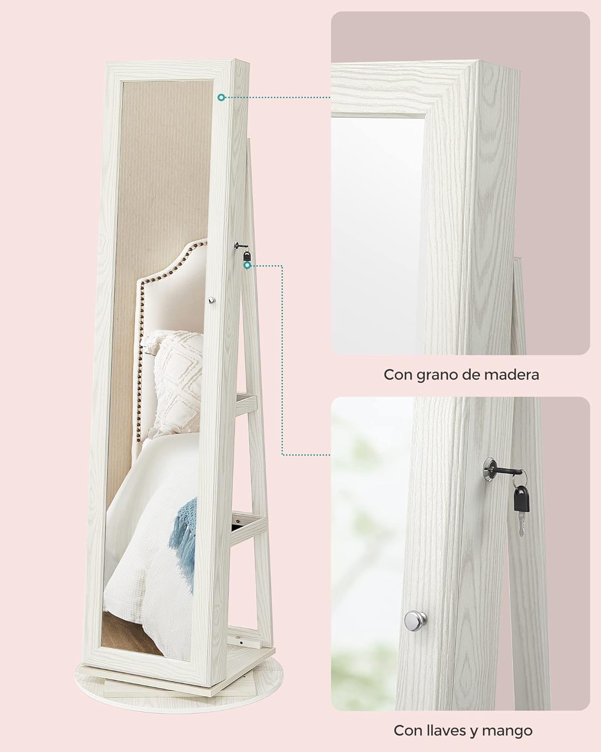 Songmics Armario Joyero Giratorio de 360° con Espejo