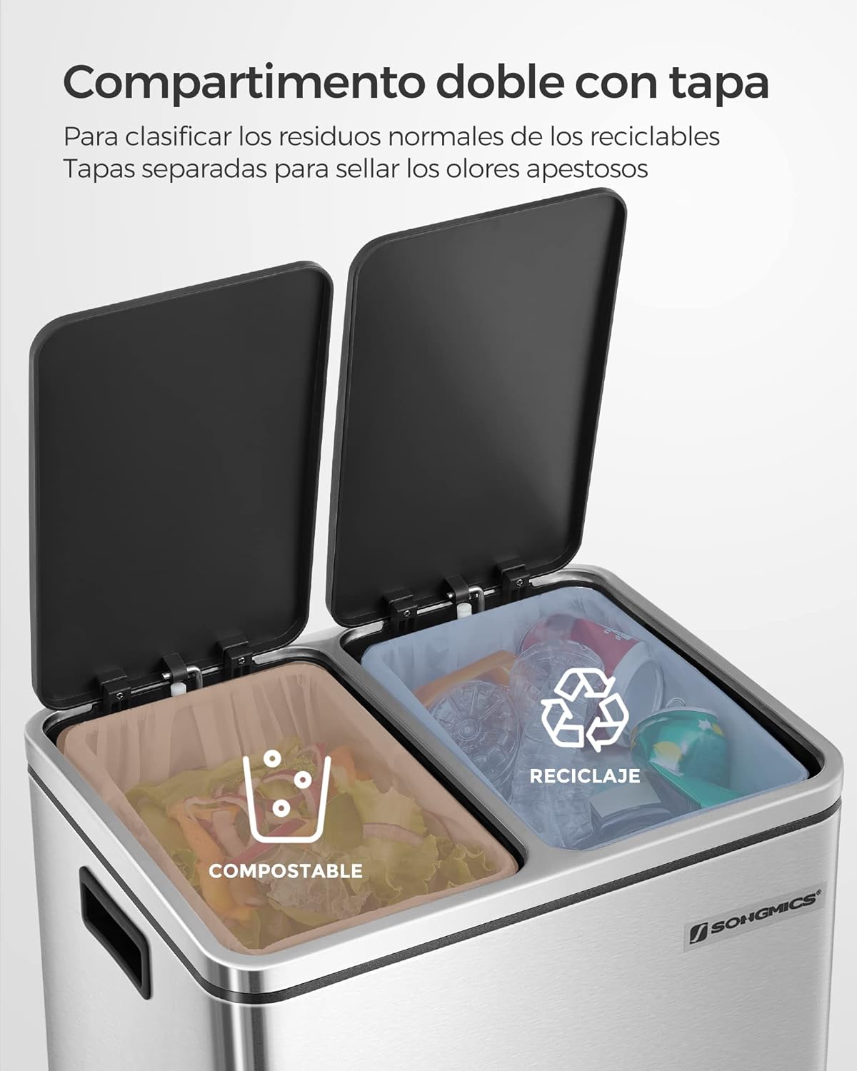 Songmics Cubo de Basura de Acero Inoxidable, 2 Cubetas de 15L