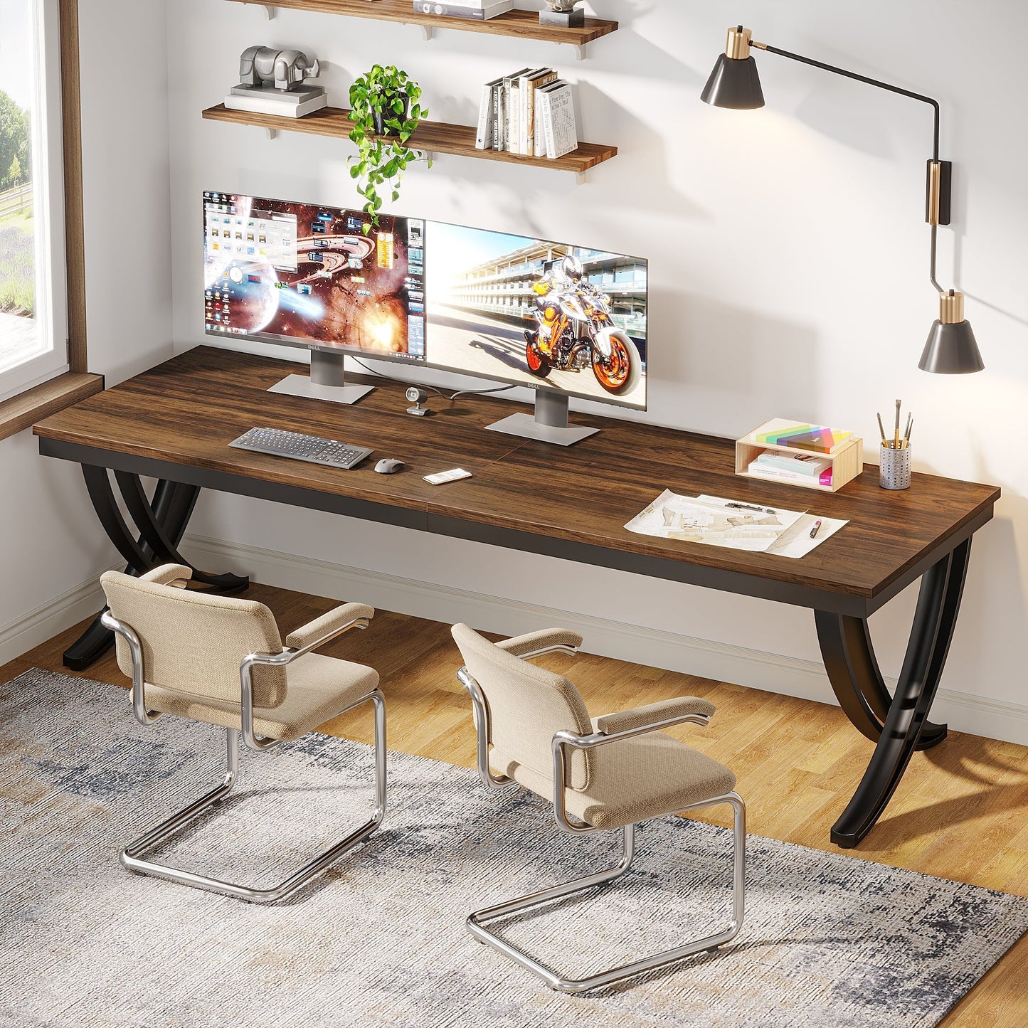 Escritorio, Escritorio doble, 200x70x75cm, Mesa Escritorio, mesa oficina, Marrón, Tribesigns, 4