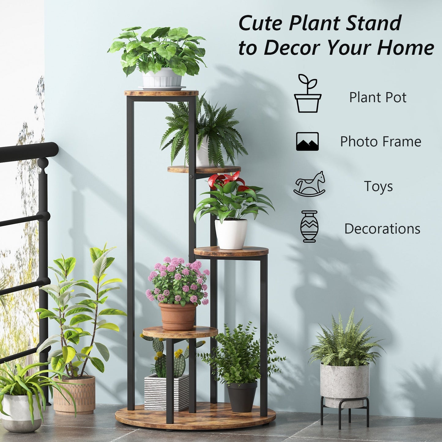 Soporte para Plantas, 5 niveles, Estanteria para plantas, 50x50x104cm, Soporte Macetas, Marrón Negro, Tribesigns, 5