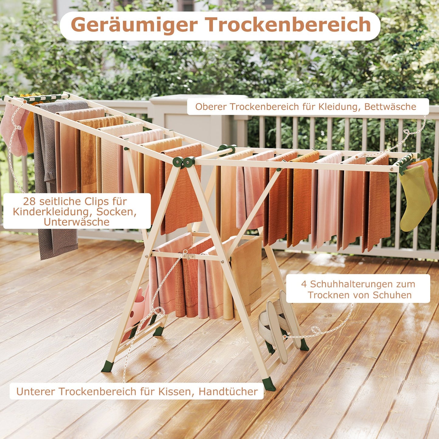 Tendedero plegable, con Alas Ajustables, Tendedero de ropa, 184 x 56 x 99–168 cm, Beige, Costway, 4