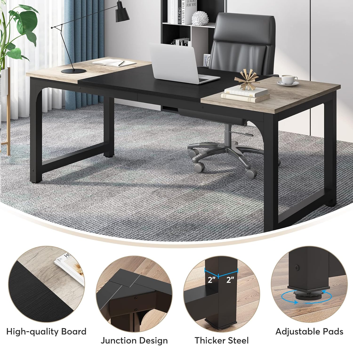 Escritorio, 180x80x75cm, mesa ordenador, Mesa Oficina, Mesa de reuniones oficina, Gris negro, Tribesigns, 5