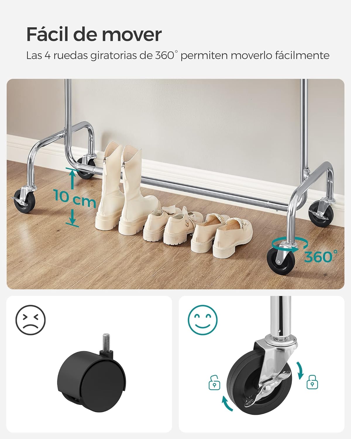 Burro Ropa, Burro Ropa Resistente, Perchero Móvil con Capacidad de 130 kg, Ajustable, Acero Cromado, Songmics, 5