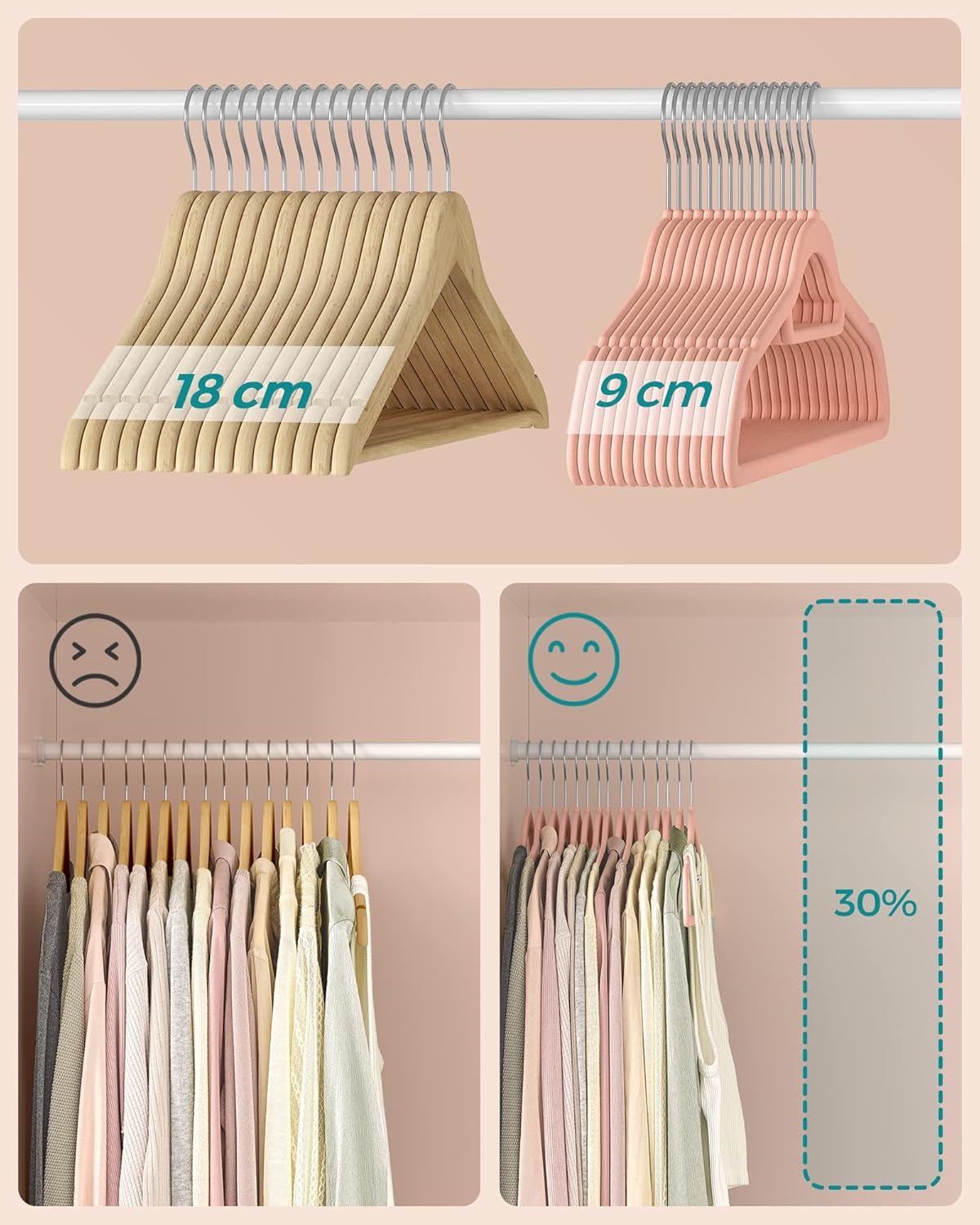 Percha, Juego de 50, Perchas Terciopelo, 43,5 cm, Percha para Pantalones, con Barra Corbata, Rosa Claro y Plata, Songmics, 5
