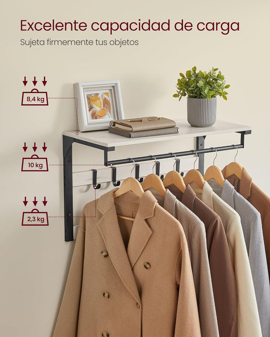 Perchero Pared, 65x30x42 cm, Perchero Recibidor, con 10 Ganchos Extraíbles, Blanco Vintage y Negro, Vasagle, 5