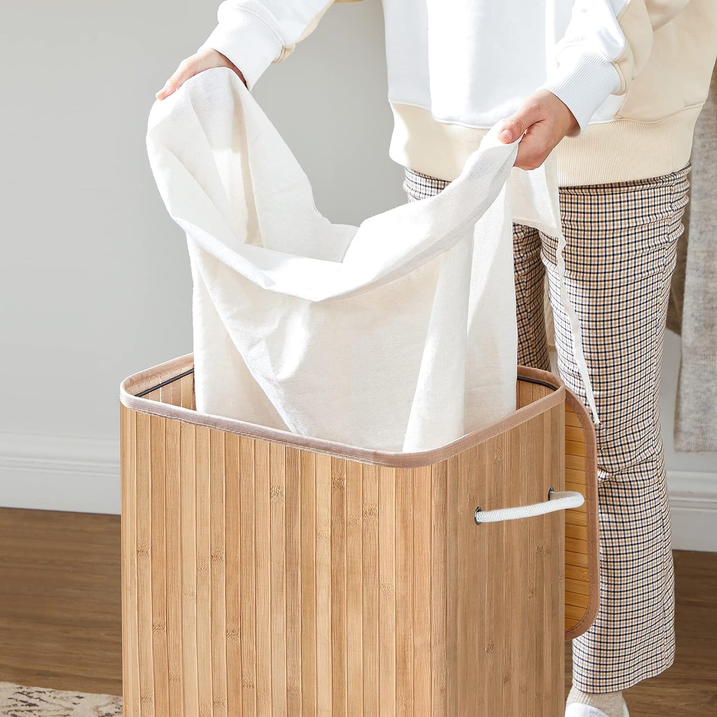 Songmics Cesto de Ropa Sucia Grande de Bambú, Plegable, 72L, 40 x 30 x 60 cm