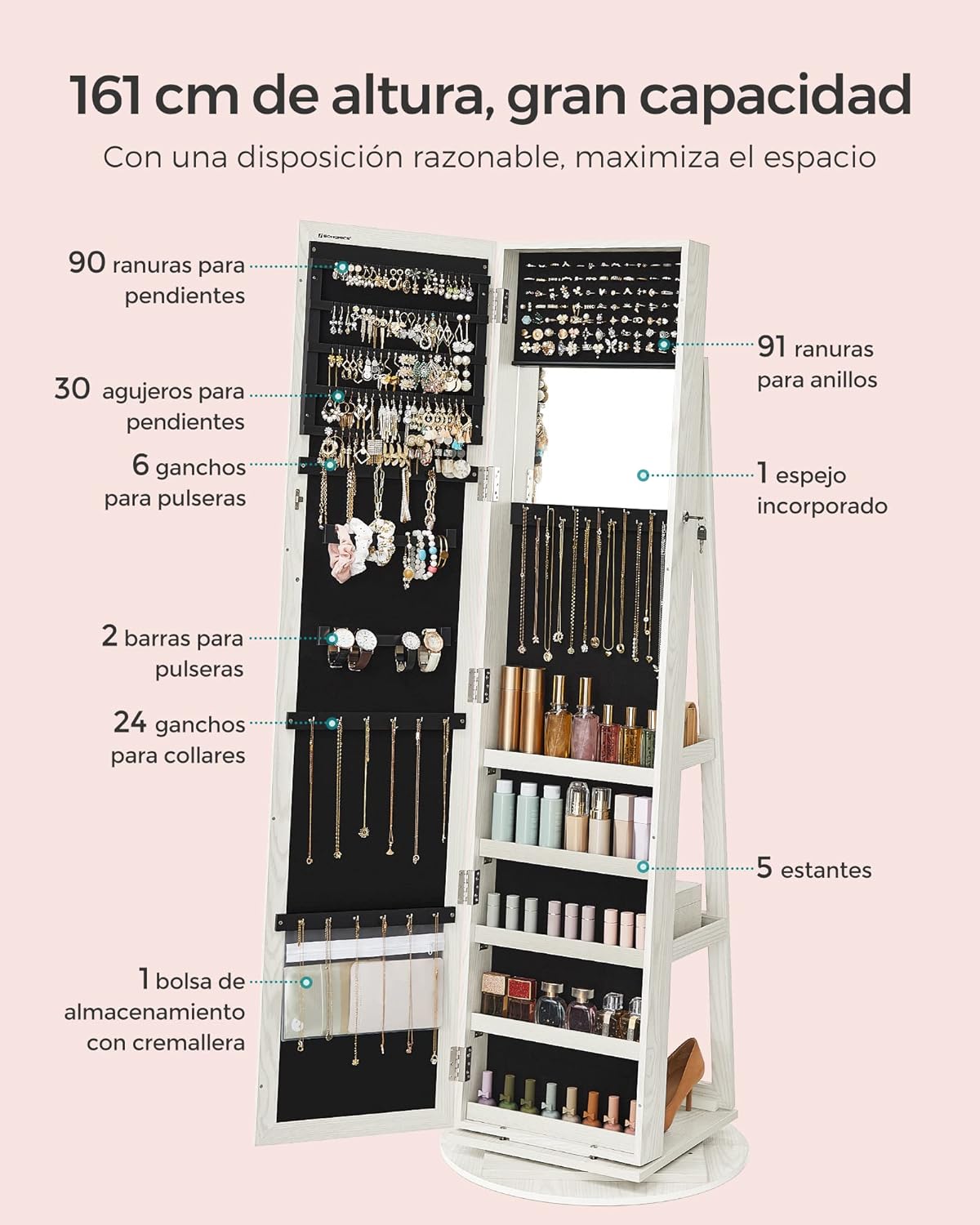 Songmics Armario Joyero Giratorio de 360° con Espejo