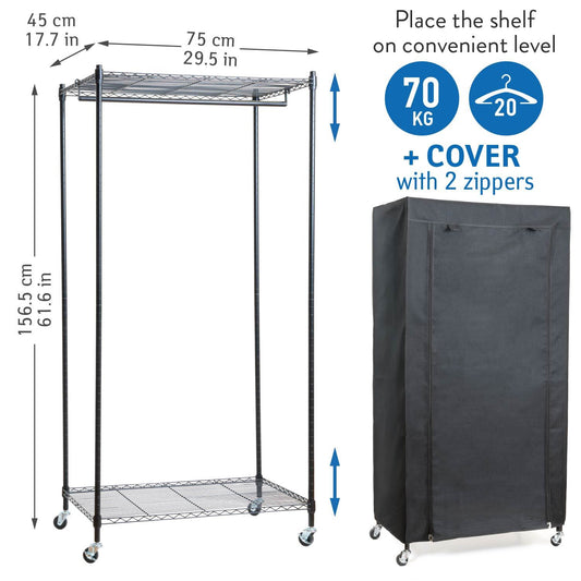 Armario de Tela, con Ruedas, Perchero Armario, 2 estantes, Hasta 70 kg, Armario Portátil, Algodón Negro, art moon Buffalo, 2