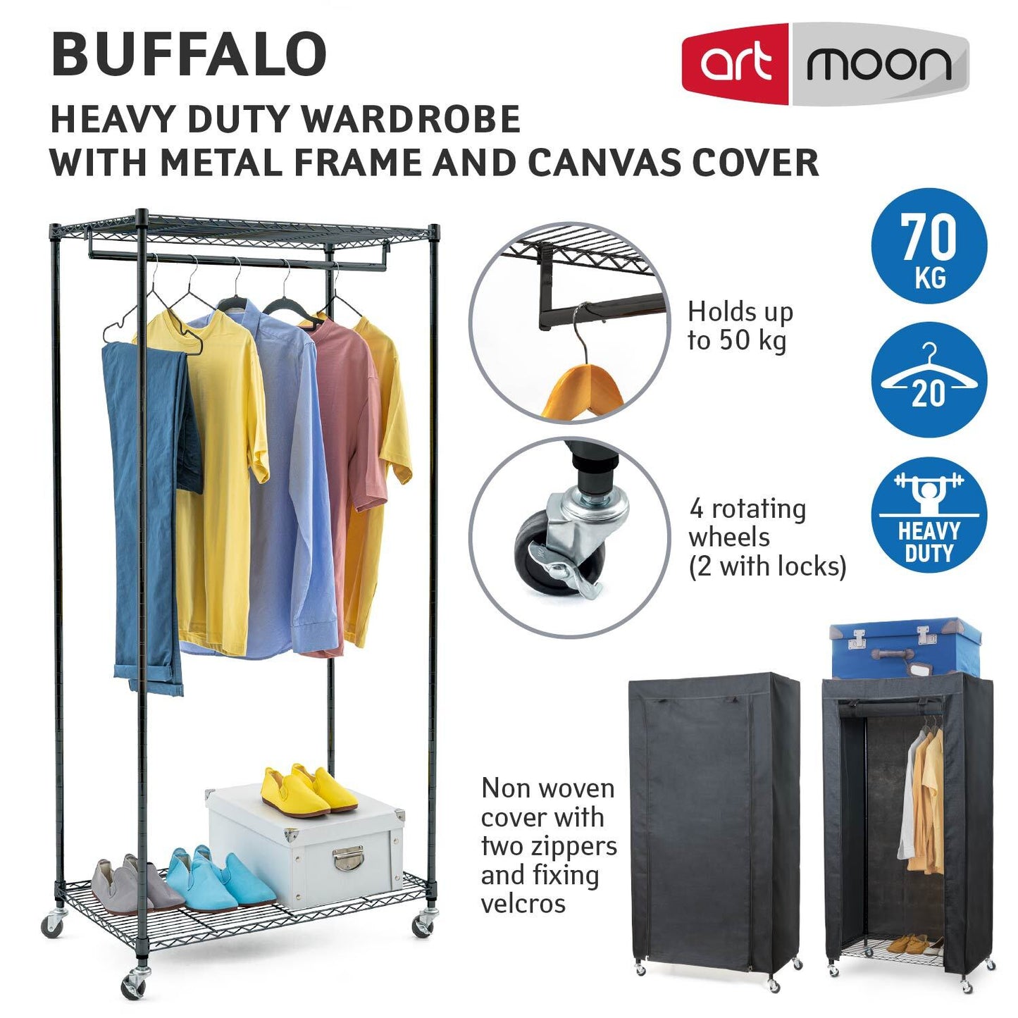 Armario de Tela, con Ruedas, Perchero Armario, 2 estantes, Hasta 70 kg, Armario Portátil, Algodón Negro, art moon Buffalo, 3