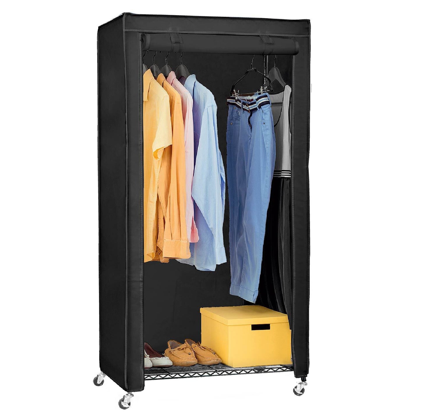 Armario de Tela, con Ruedas, Perchero Armario, 2 estantes, Hasta 70 kg, Armario Portátil, Lino negro, art moon Buffalo,