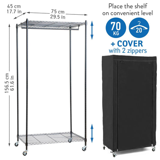 Armario de Tela, con Ruedas, Perchero Armario, 2 estantes, Hasta 70 kg, Armario Portátil, Lino negro, art moon Buffalo, 2