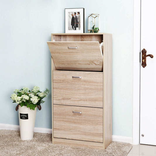 Mueble zapatero, 12 - 18 pares, Zapatero Recibidor, Armario Zapatero, Zapatero Alto, con 3 Compartimientos y 3 Niveles, Natural, VASAGLE, 2