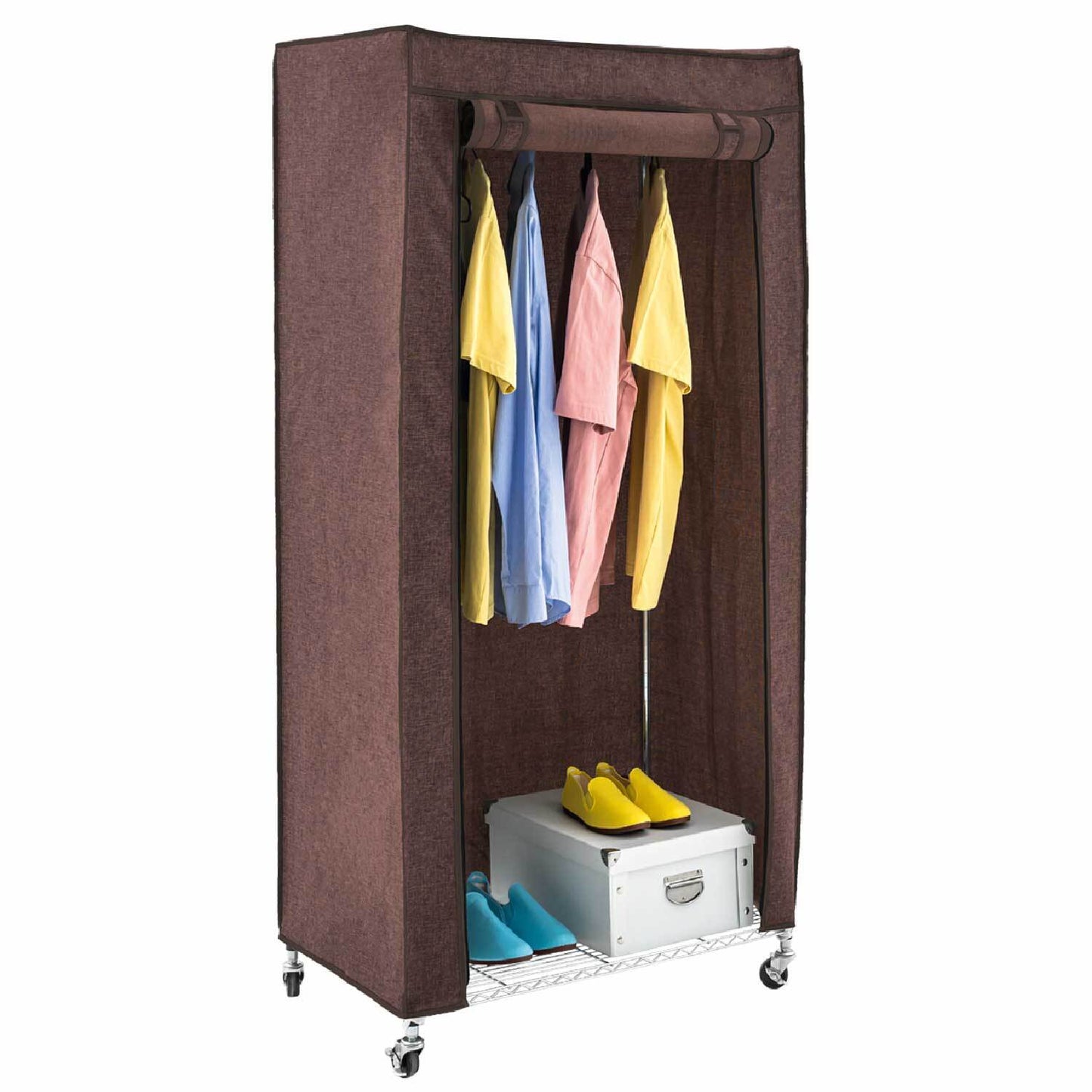 Armario de Tela, Perchero Burro, Burro para Ropa Resistente, con Ruedas, y 2 Estantes, art moon Buffalo Marrón, 9