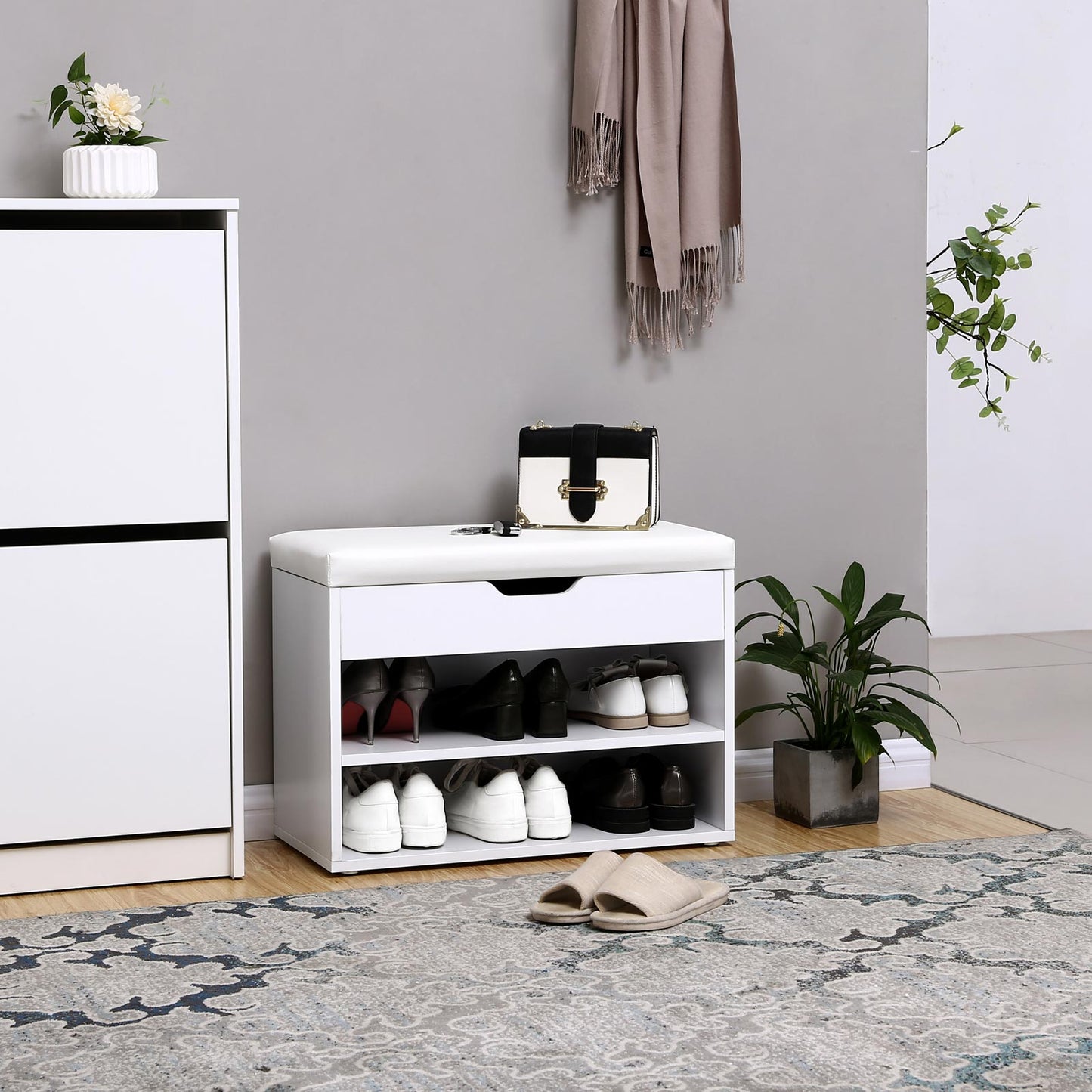 Banco Zapatero, Banco Zapatero Recibidor, con Acolchado, Capacidad 150 kg, 2 estantes y 1 compartimiento con tapa, Blanca, VASAGLE, 5