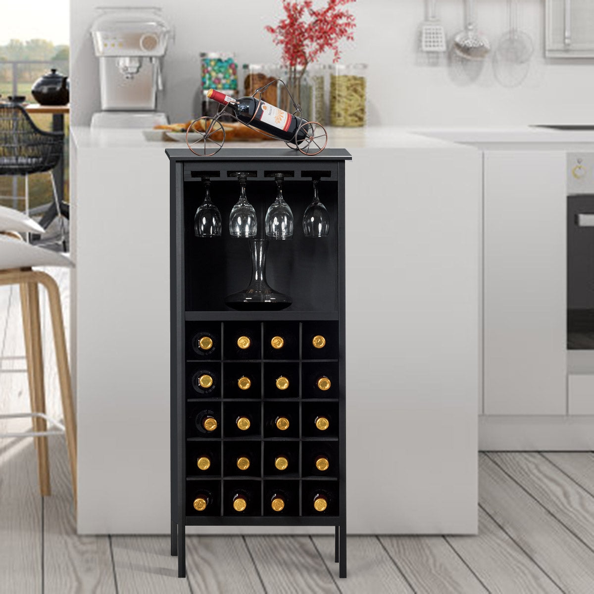 Botellero, Botellero vino, para 20 Botellas con Soporte de Copas, 24,5x42x96 cm, Madera de Pino, Negro, Costway, 5