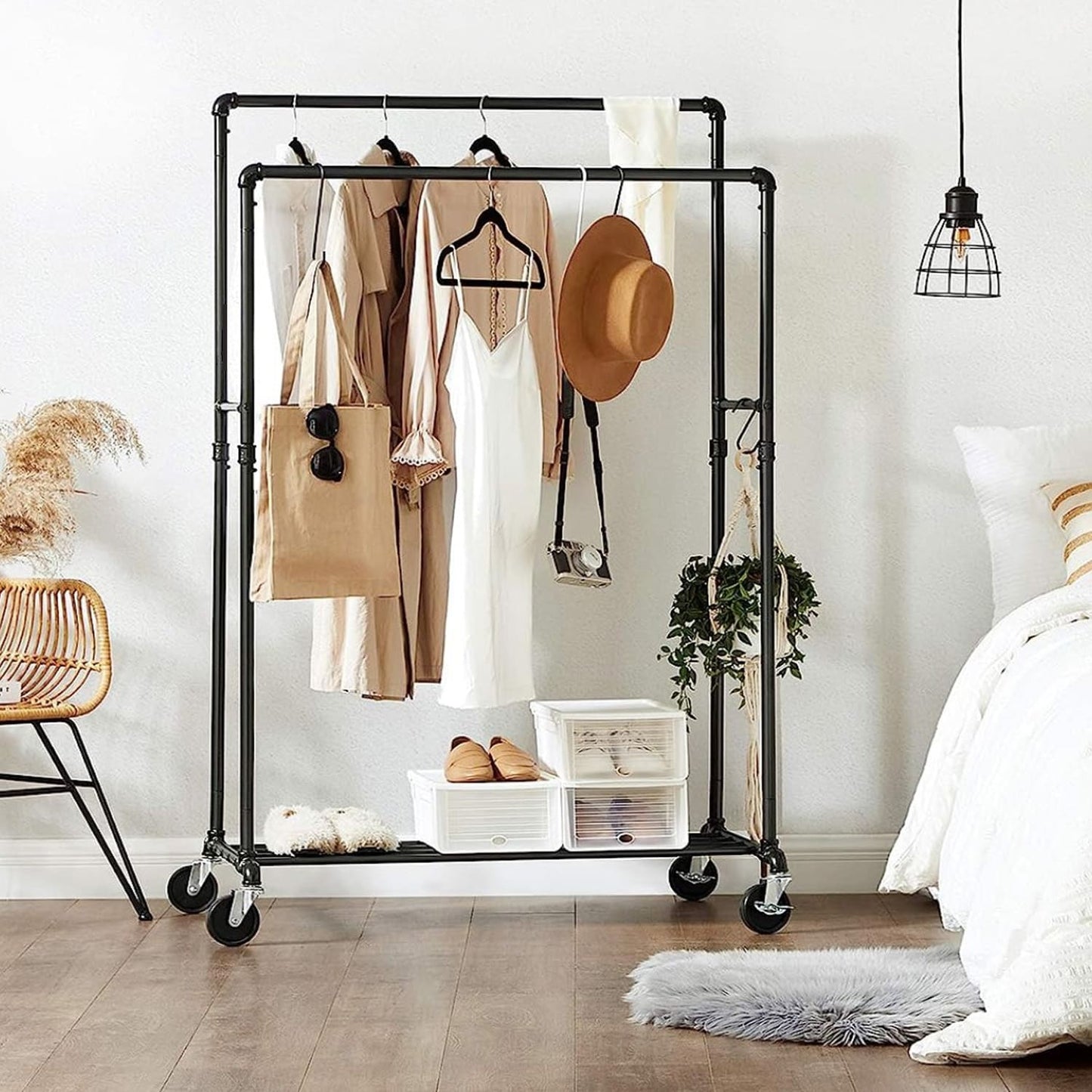 Buro Ropa, Buro Ropa Resistente, Perchero de Doble Barra con Ruedas y Estante, Songmics, 11